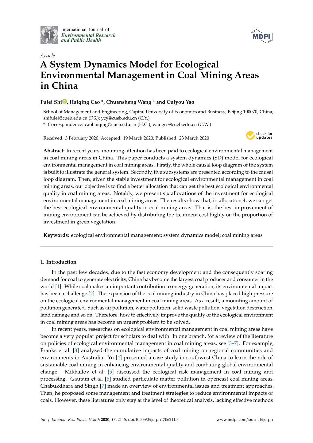 A System Dynamics Model for Ecological Environmental Management in Coal Mining Areas in China