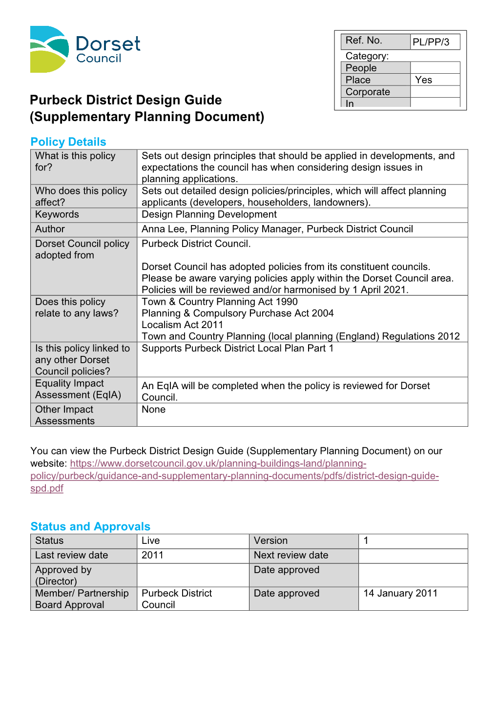 Purbeck District Design Guide Supplementary Planning Document