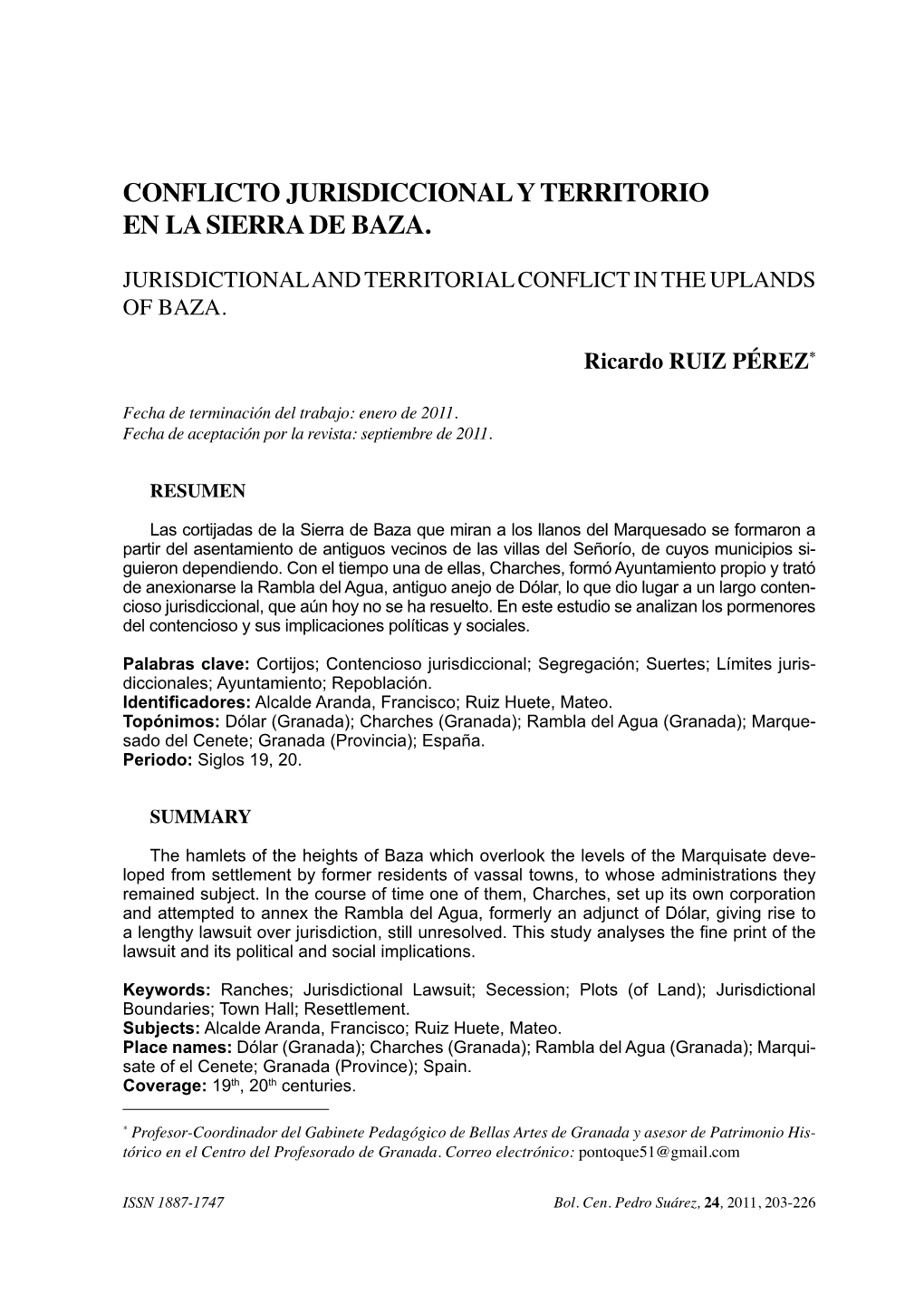 Conflicto Jurisdiccional Y Territorio En La Sierra De Baza