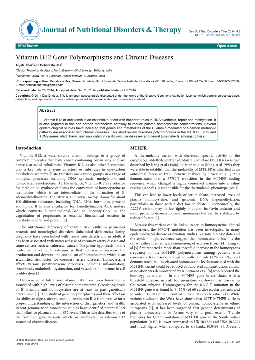 Vitamin B12 Gene Polymorphisms and Chronic Diseases