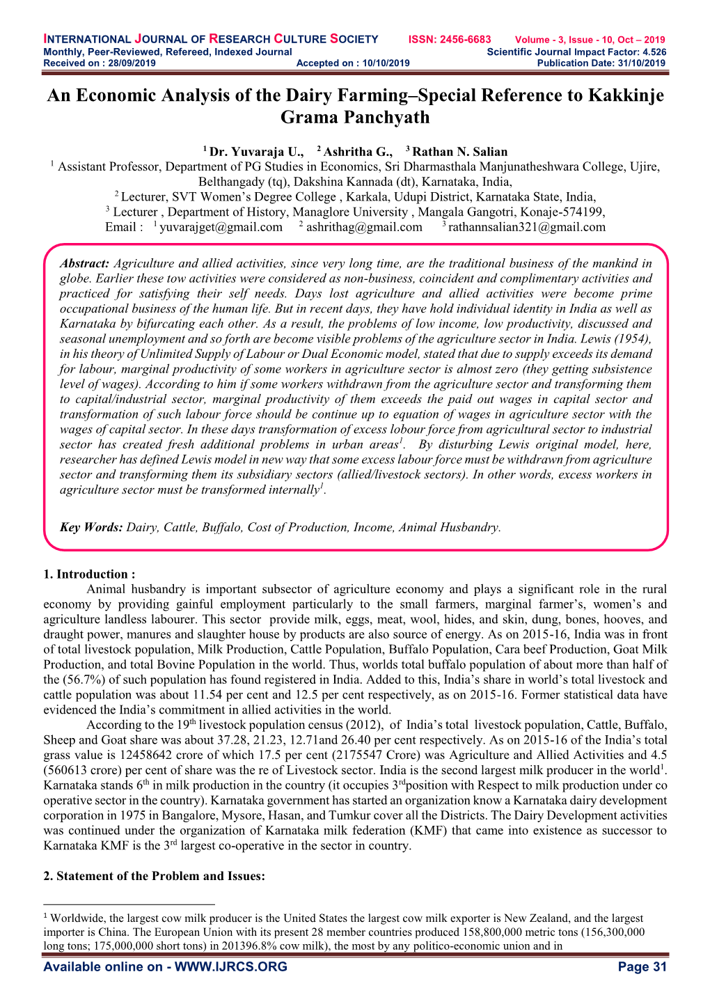 An Economic Analysis of the Dairy Farming–Special Reference to Kakkinje Grama Panchyath