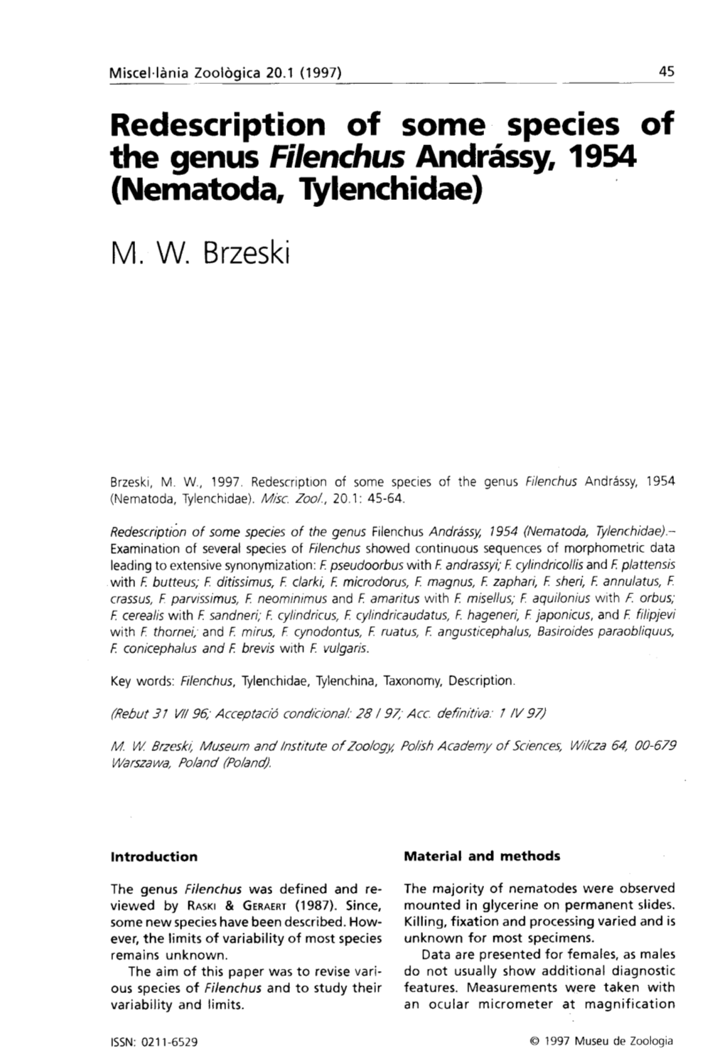 Redescription of Some Species of the Genus Filenchus Andrássy, 1954 (Nematoda, Tylenchidae)