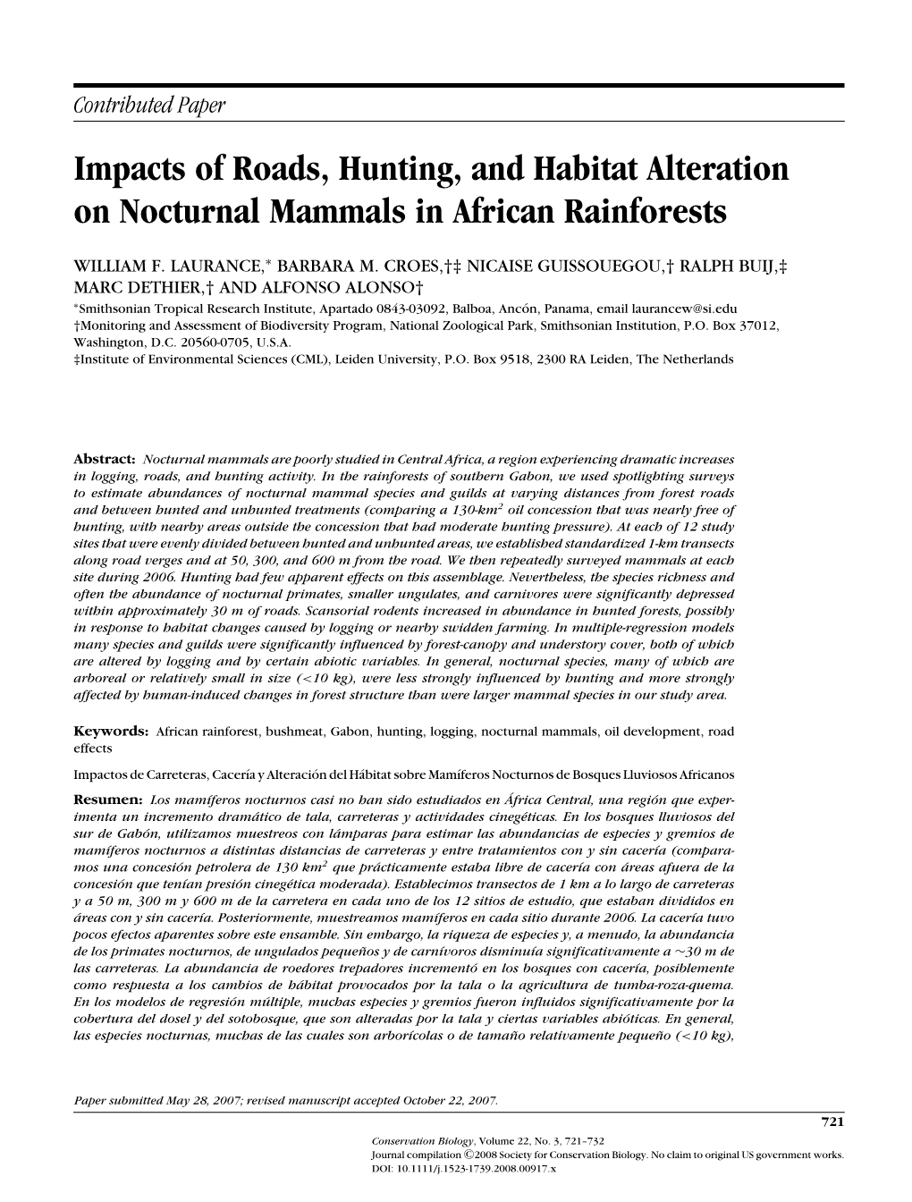 Impacts of Roads, Hunting, and Habitat Alteration on Nocturnal Mammals in African Rainforests