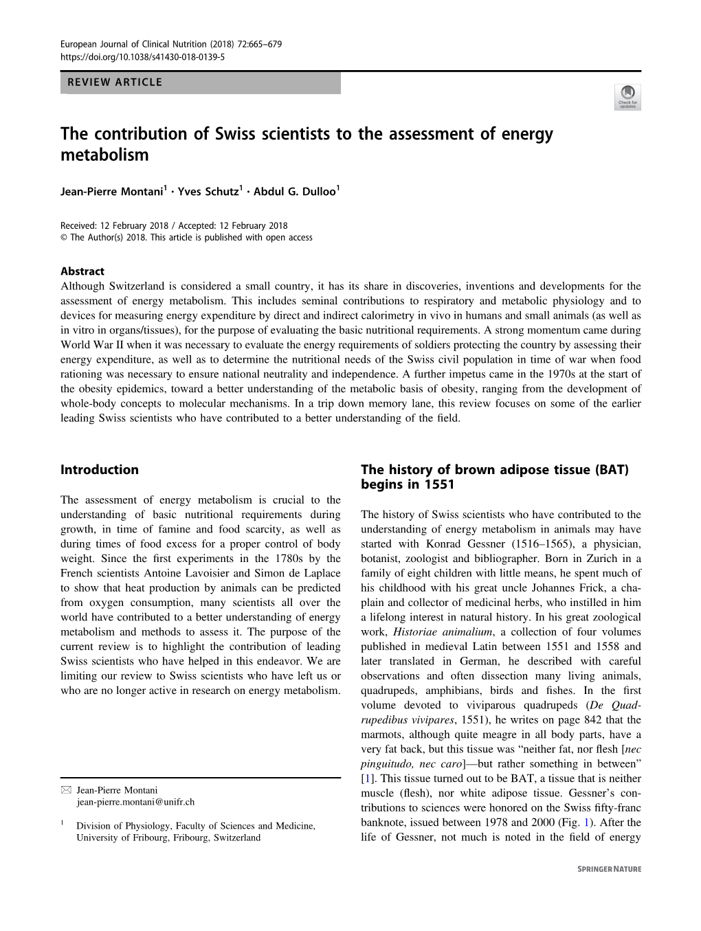 The Contribution of Swiss Scientists to the Assessment of Energy Metabolism