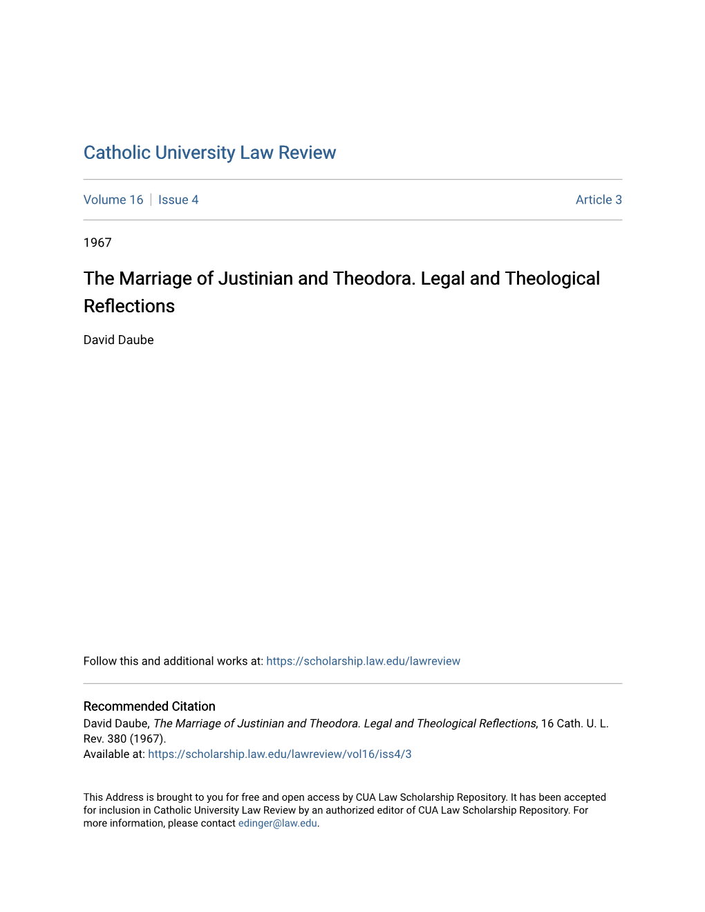 The Marriage of Justinian and Theodora. Legal and Theological Reflections