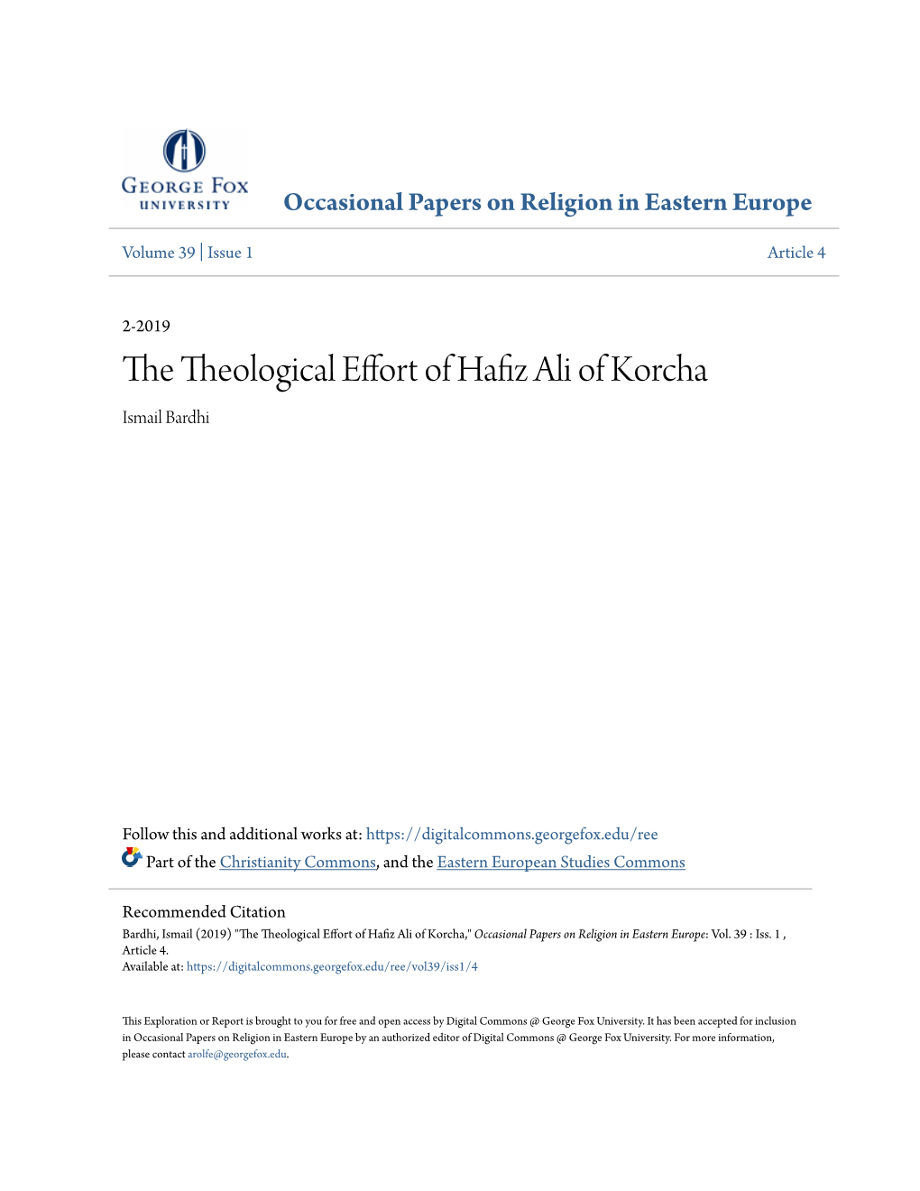 The Theological Effort of Hafiz Ali of Korcha Ismail Bardhi