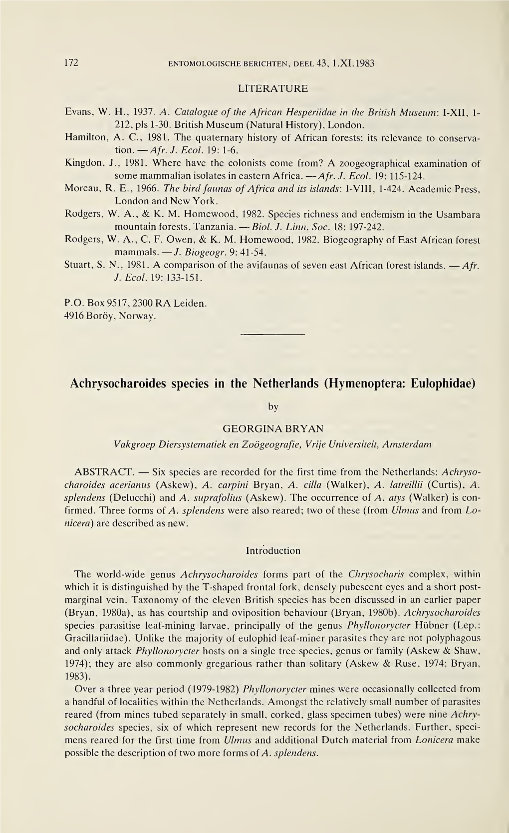 Achrysocharoides Species in the Netherlands (Hymenoptera: Eulophidae)