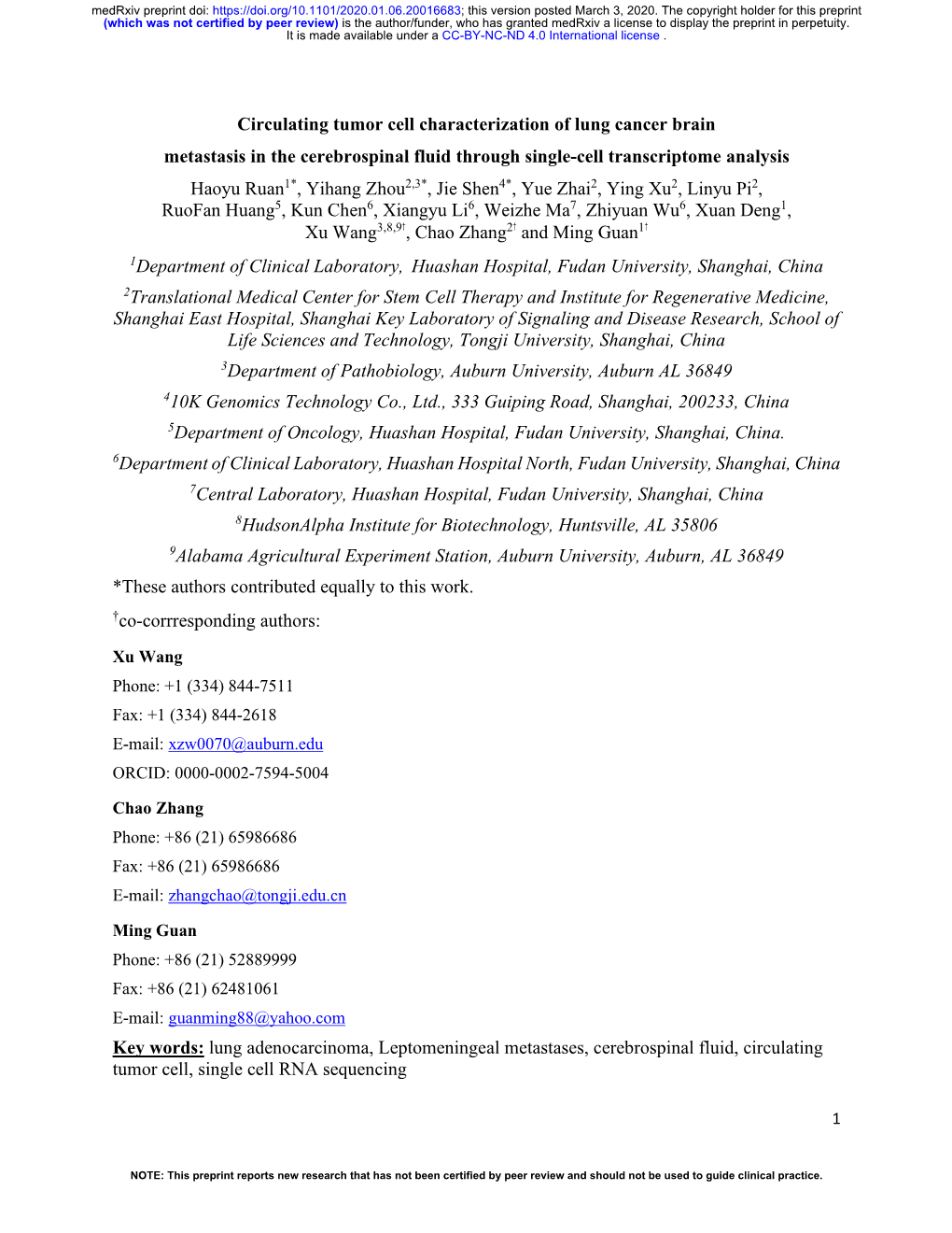 Circulating Tumor Cell Characterization of Lung Cancer Brain Metastasis in the Cerebrospinal Fluid Through Single-Cell Transcrip