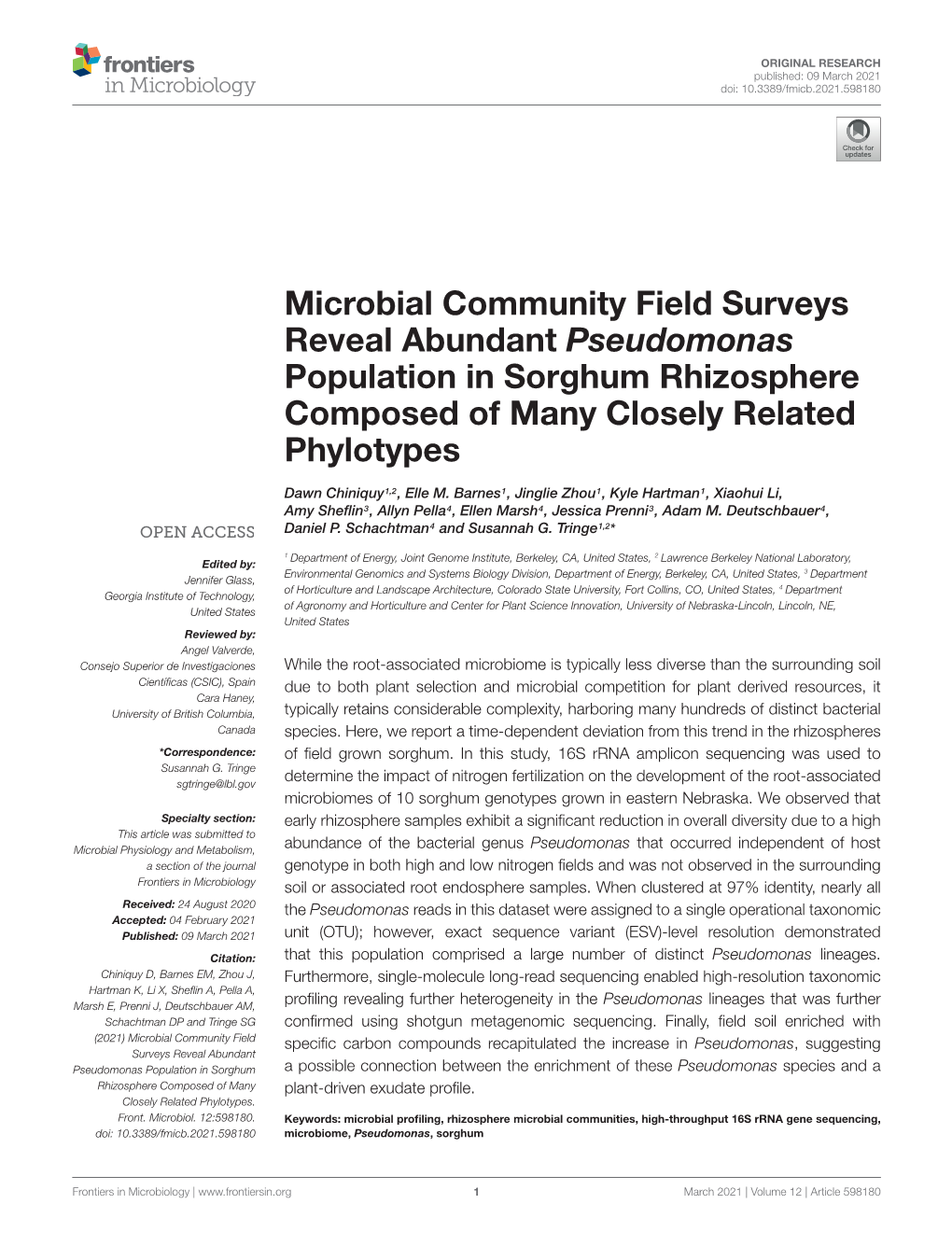 Microbial Community Field Surveys Reveal Abundant Pseudomonas Population in Sorghum Rhizosphere Composed of Many Closely Related Phylotypes