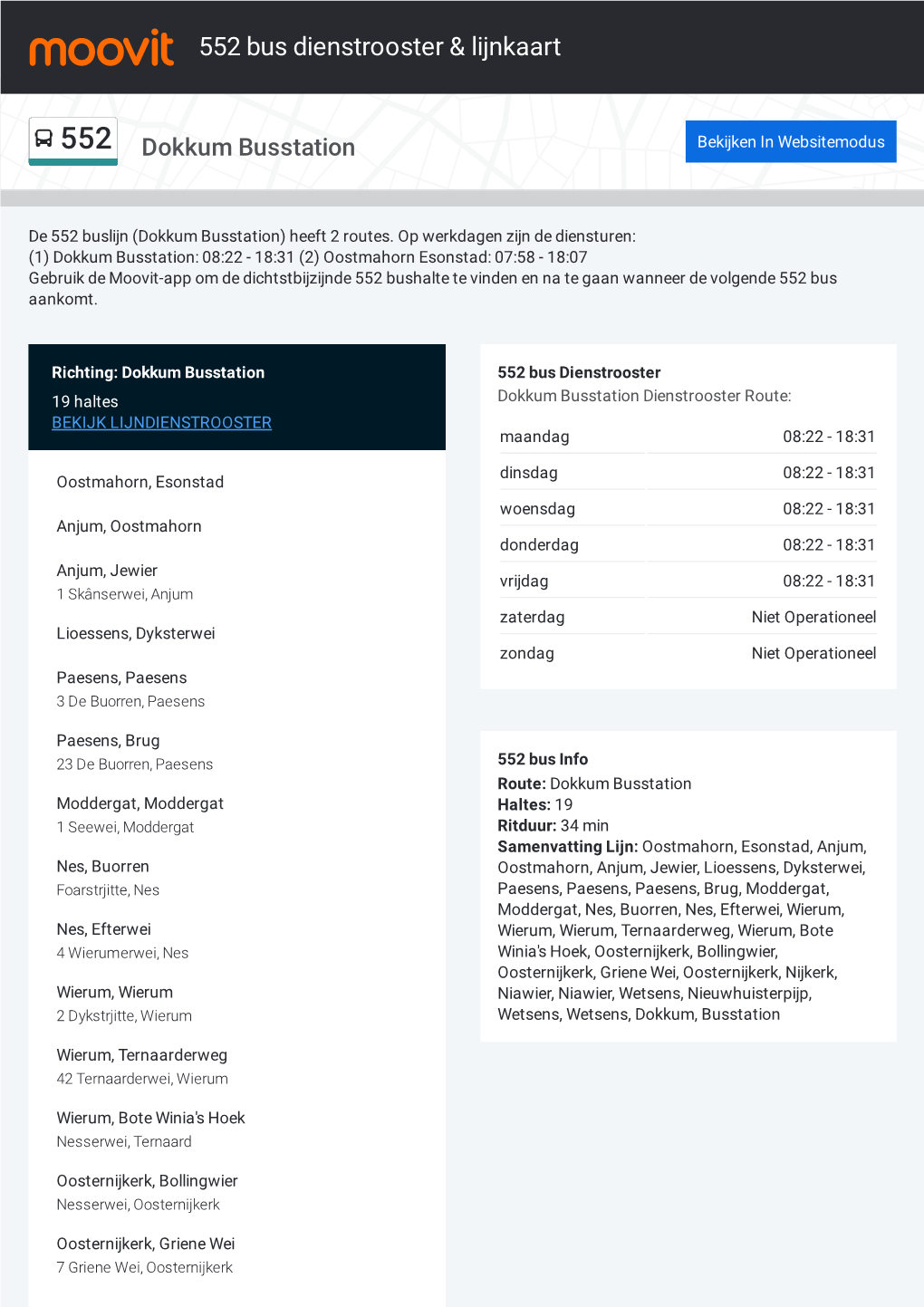 552 Bus Dienstrooster & Lijnroutekaart