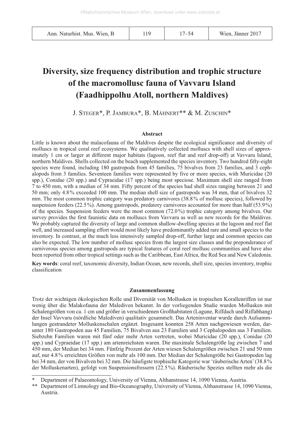 Diversity, Size Frequency Distribution and Trophic Structure of the Macromollusc Fauna of Vavvaru Island (Faadhippolhu Atoll, Northern Maldives)