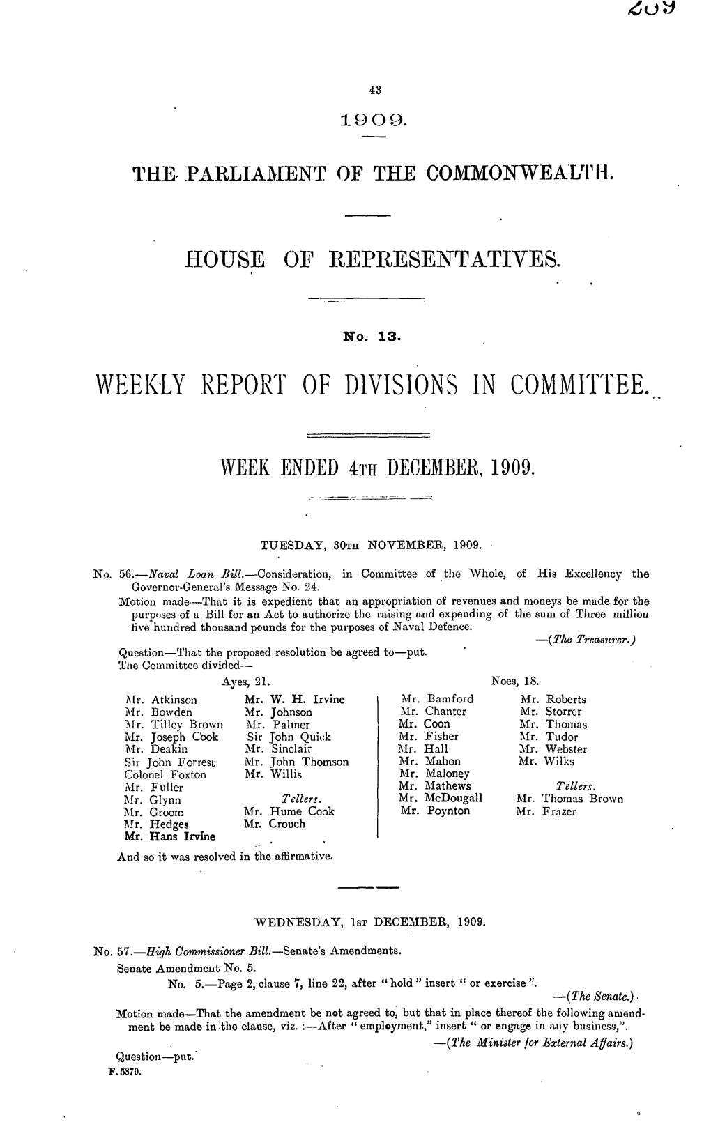 Weekly Report of Divisions in Committee