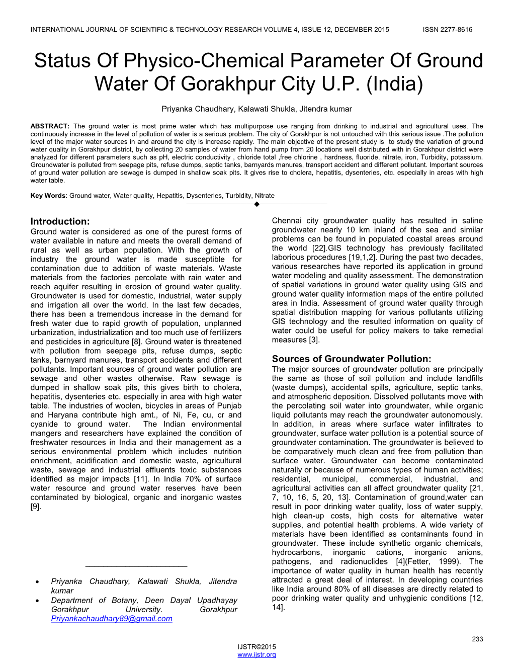 Status of Physico-Chemical Parameter of Ground Water of Gorakhpur City U.P