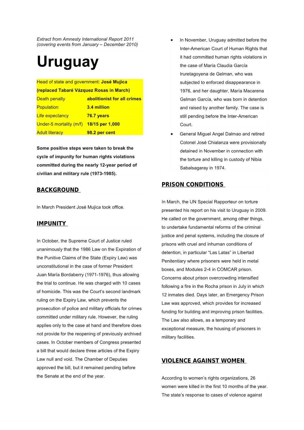 Extract from Amnesty International Report 2011 (Covering Events from January December 2010)