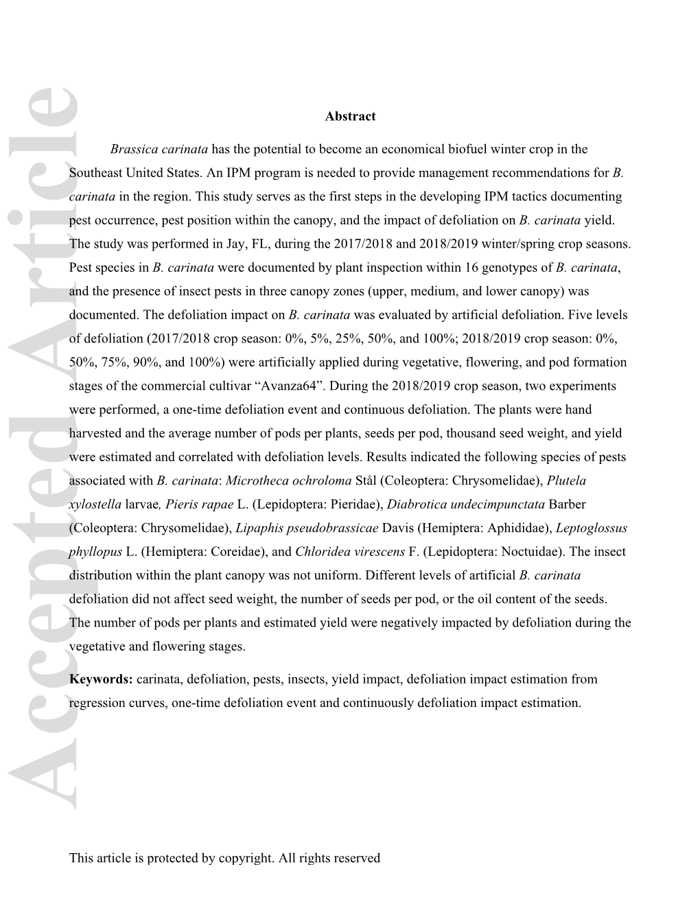 Occurrence of Arthropod Pests Associated with Brassica Carinata and Impact of Defoliation on Yield