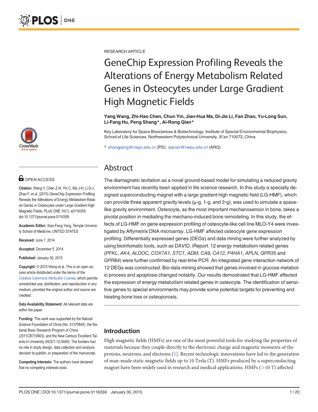 Genechip Expression Profiling Reveals the Alterations of Energy Metabolism Related Genes in Osteocytes Under Large Gradient High Magnetic Fields