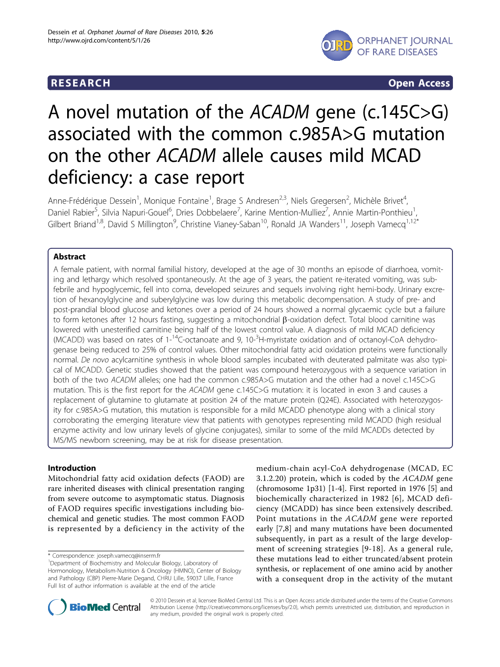 A Novel Mutation of the ACADM Gene
