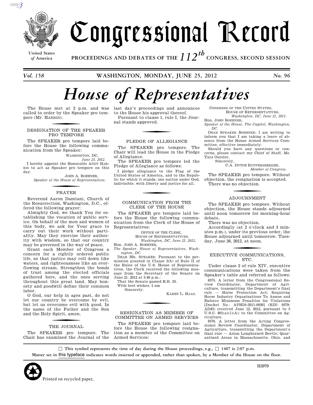 Congressional Record United States Th of America PROCEEDINGS and DEBATES of the 112 CONGRESS, SECOND SESSION