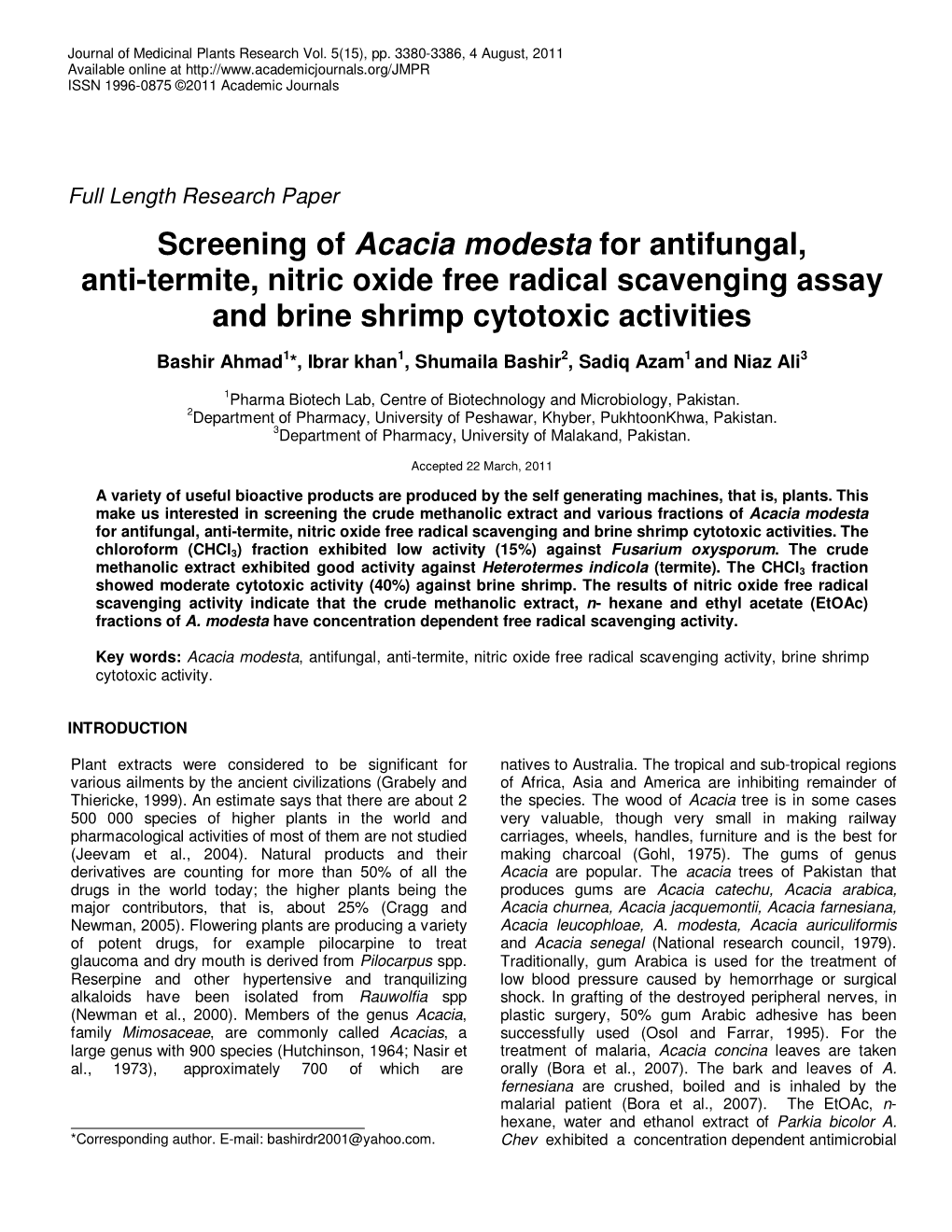 Screening of Acacia Modesta for Antifungal, Anti-Termite, Nitric Oxide Free Radical Scavenging Assay and Brine Shrimp Cytotoxic Activities
