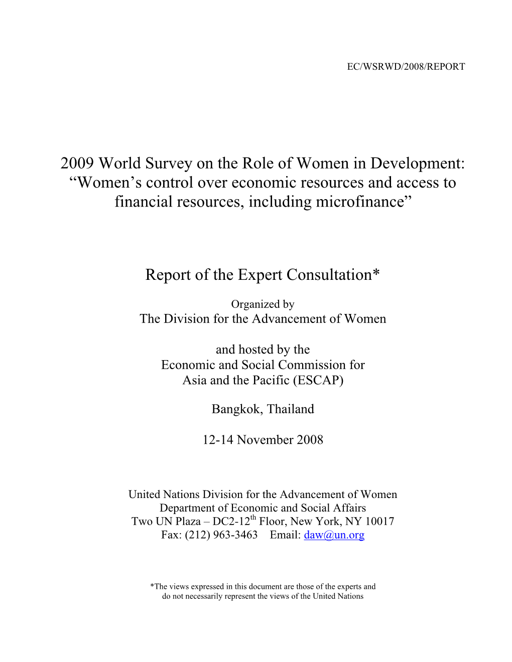 2009 World Survey on the Role of Women in Development: “Women’S Control Over Economic Resources and Access to Financial Resources, Including Microfinance”