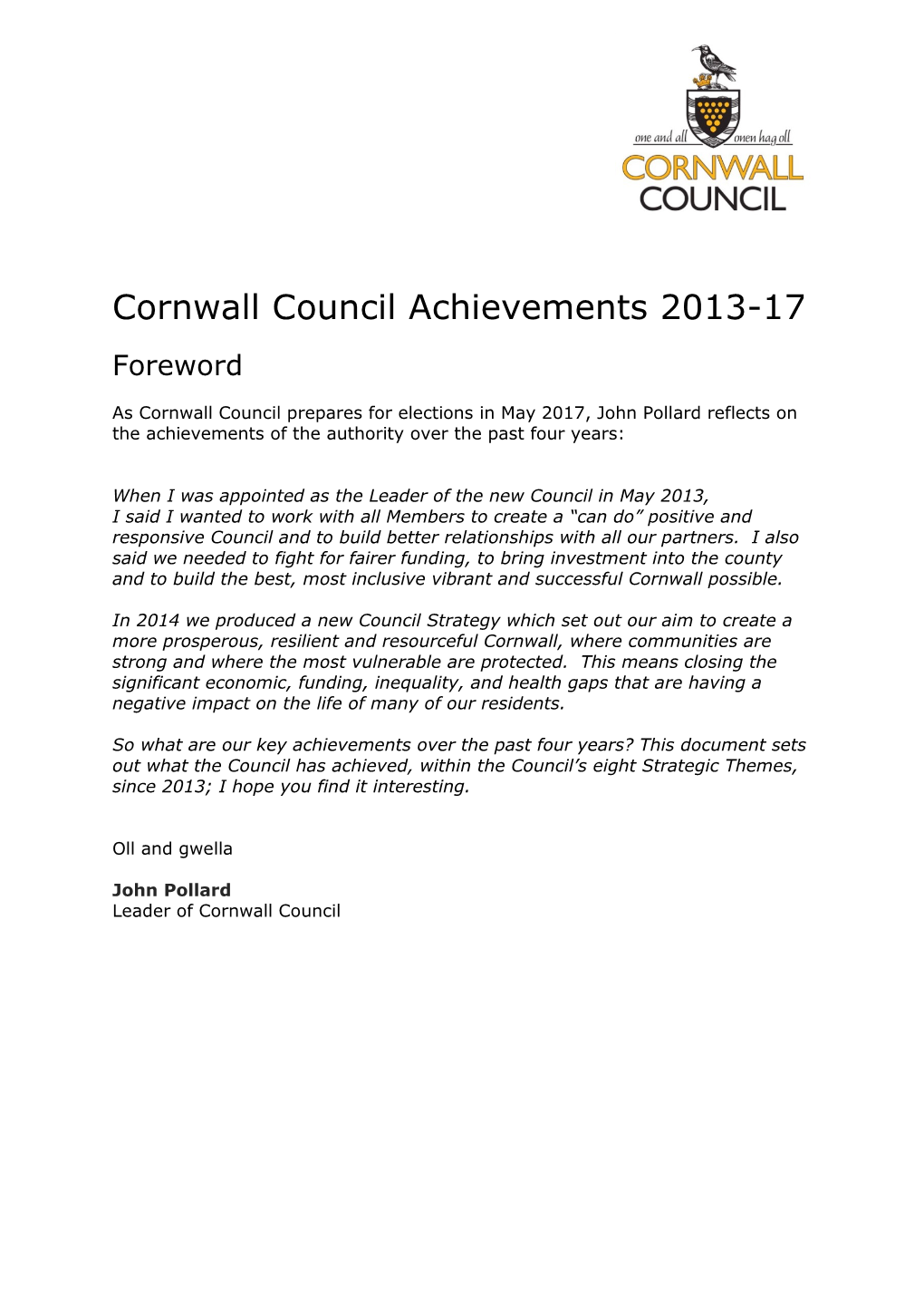 Cornwall Council Achievements 2013-17