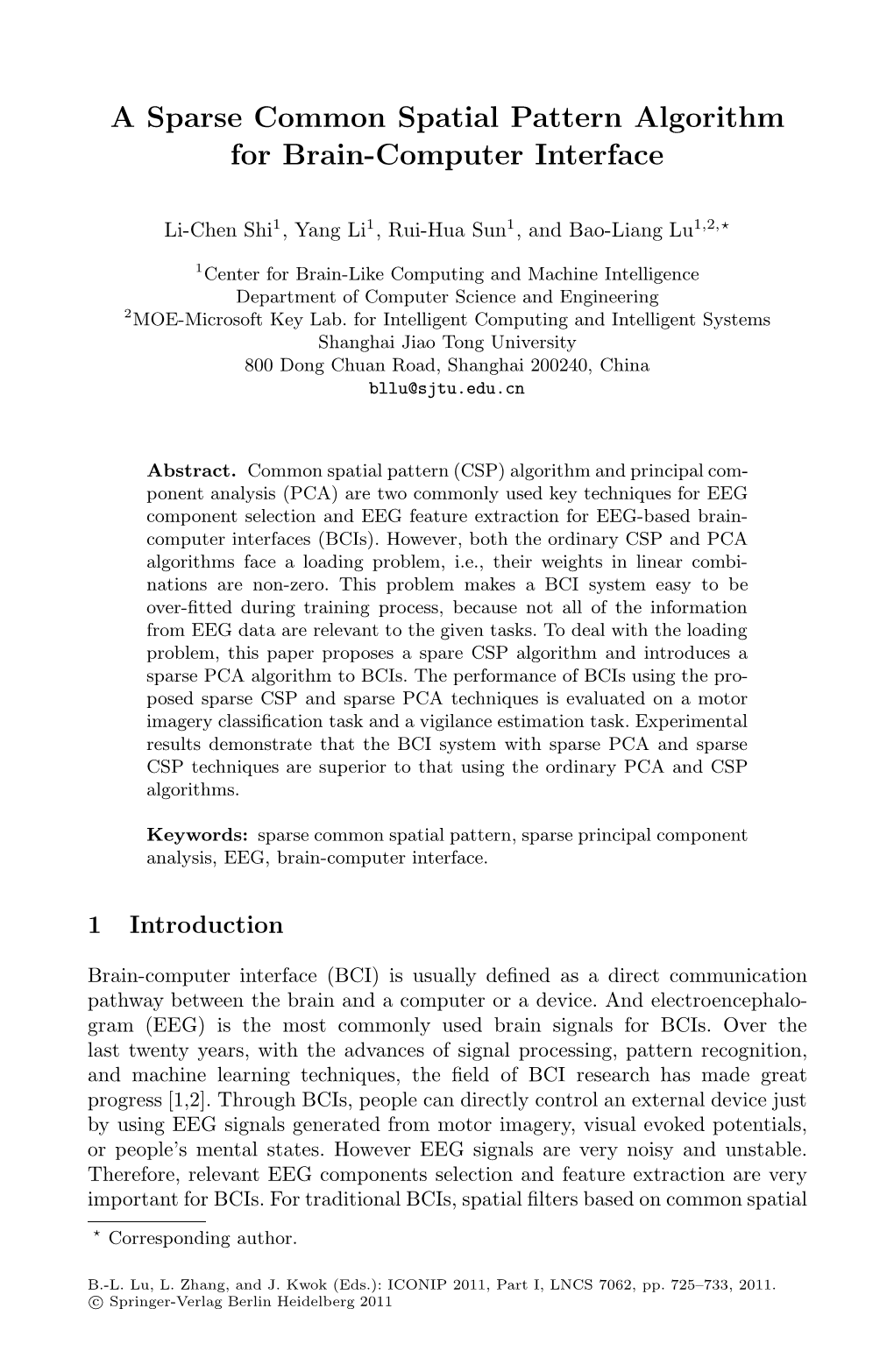 A Sparse Common Spatial Pattern Algorithm for Brain-Computer Interface