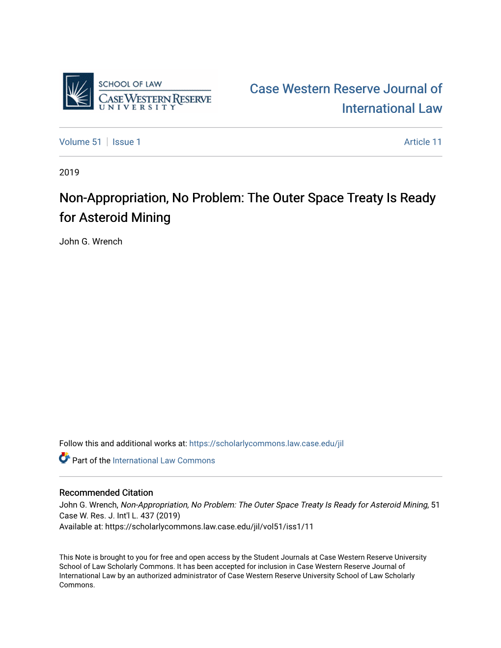 Non-Appropriation, No Problem: the Outer Space Treaty Is Ready for Asteroid Mining