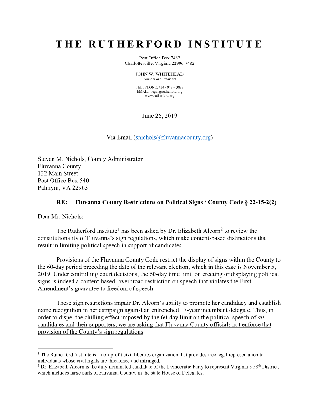 The Rutherford Institute's Letter to Fluvanna County Regarding Its Sign