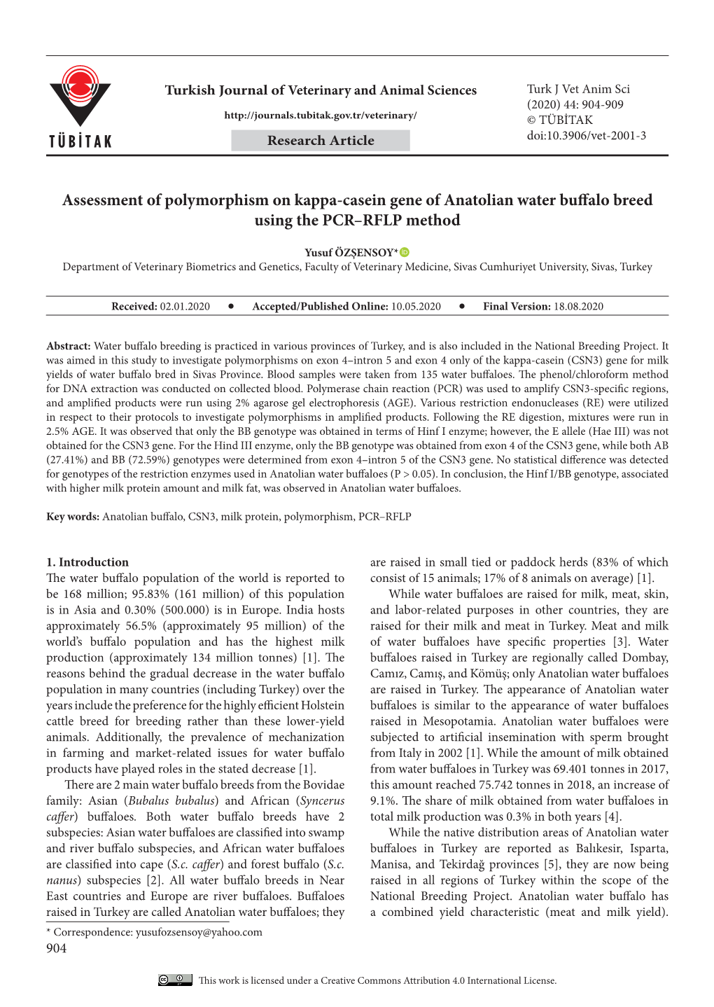 Assessment of Polymorphism on Kappa-Casein Gene of Anatolian Water Buffalo Breed Using the PCR–RFLP Method