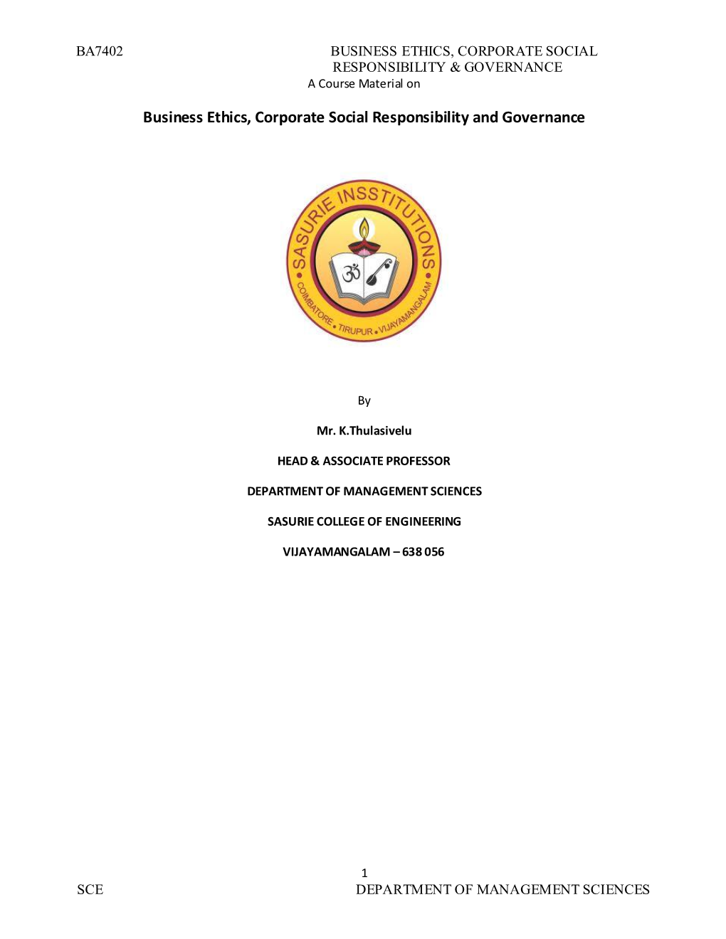 Ba7402 Business Ethics, Corporate Social Responsibility & Governance