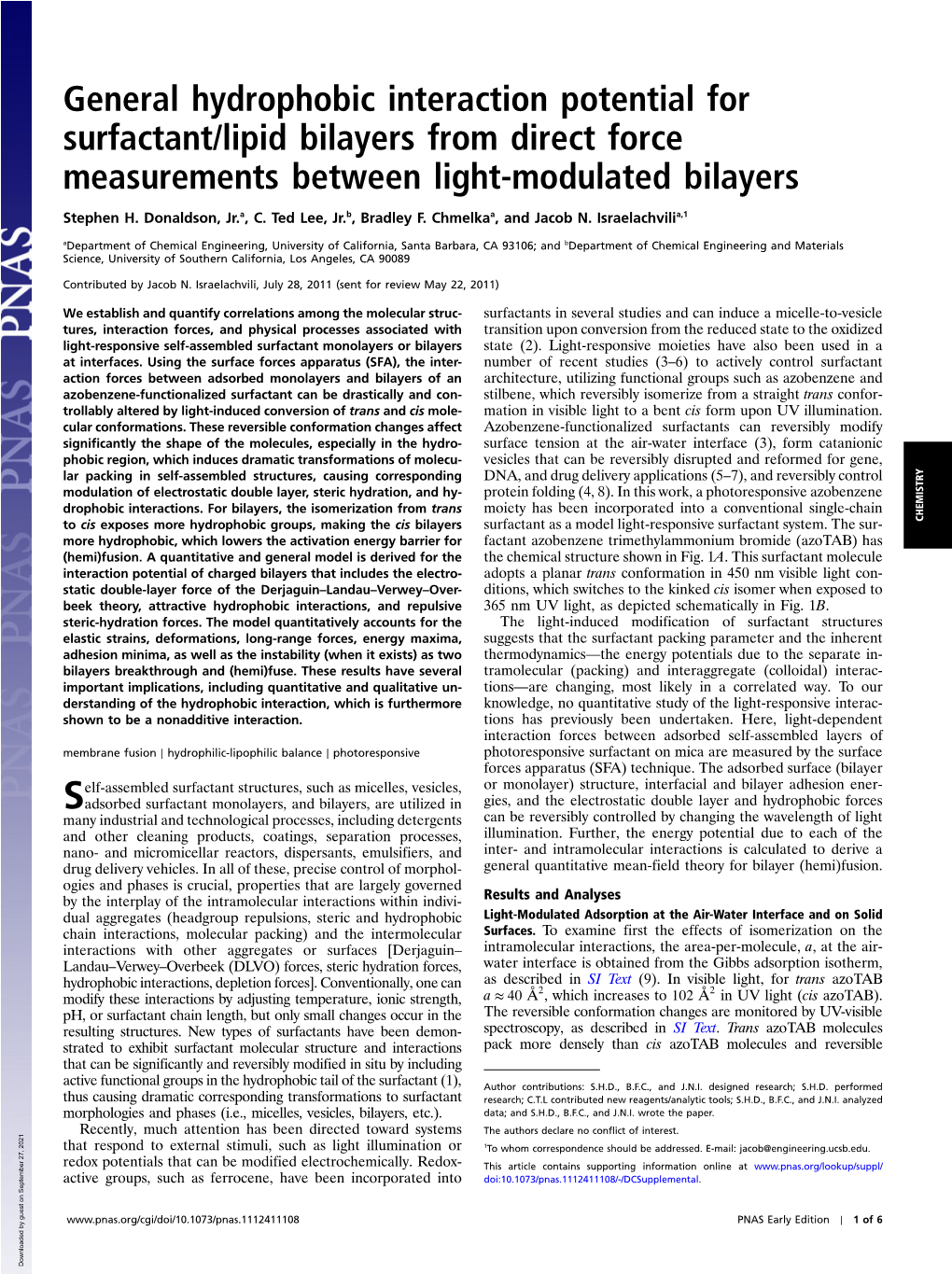 General Hydrophobic Interaction Potential for Surfactant/Lipid Bilayers from Direct Force Measurements Between Light-Modulated Bilayers