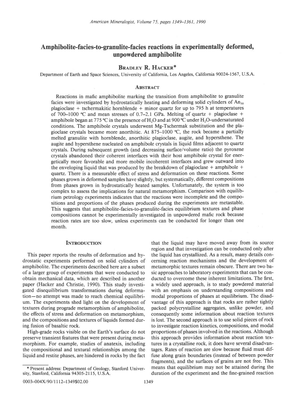 Amphibolite-Facies-To-Granulite-Facies Reactions in Experimentally