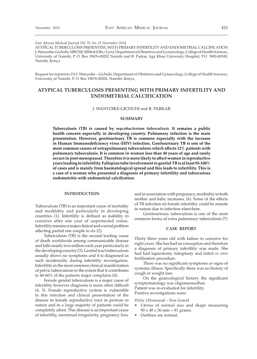 Atypical Tuberculosis Presenting with Primary Infertility and Endometrial Calcification J