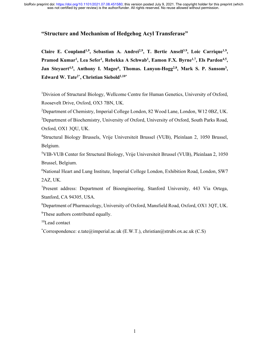 “Structure and Mechanism of Hedgehog Acyl Transferase”