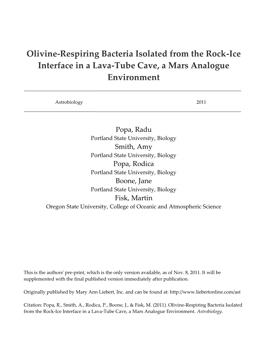 Olivine-Respiring Bacteria Isolated from the Rock-Ice Interface in a Lava-Tube Cave, a Mars Analogue Environment