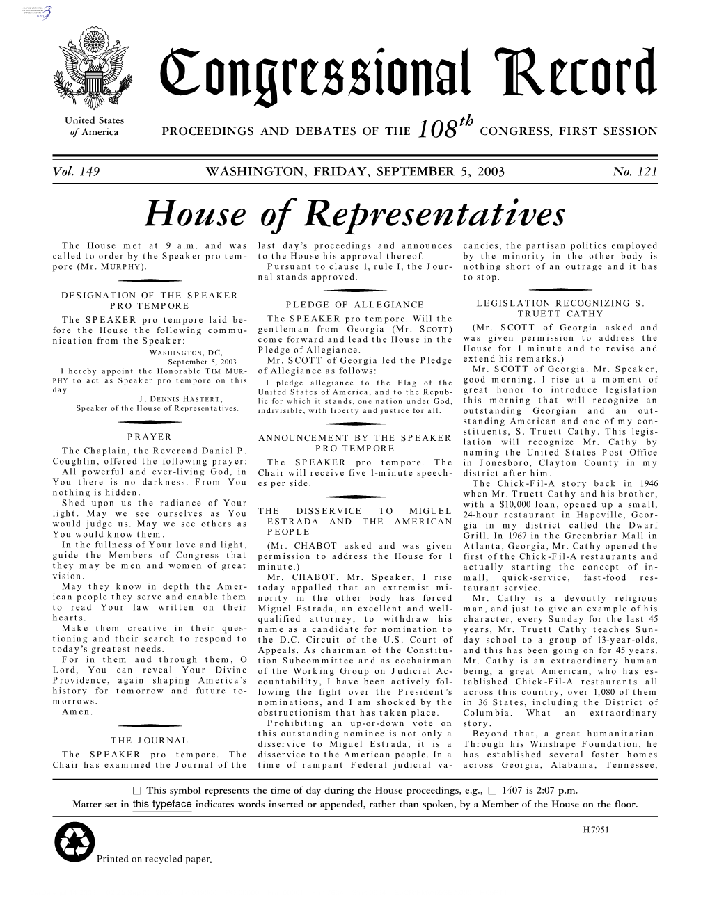 Congressional Record United States Th of America PROCEEDINGS and DEBATES of the 108 CONGRESS, FIRST SESSION