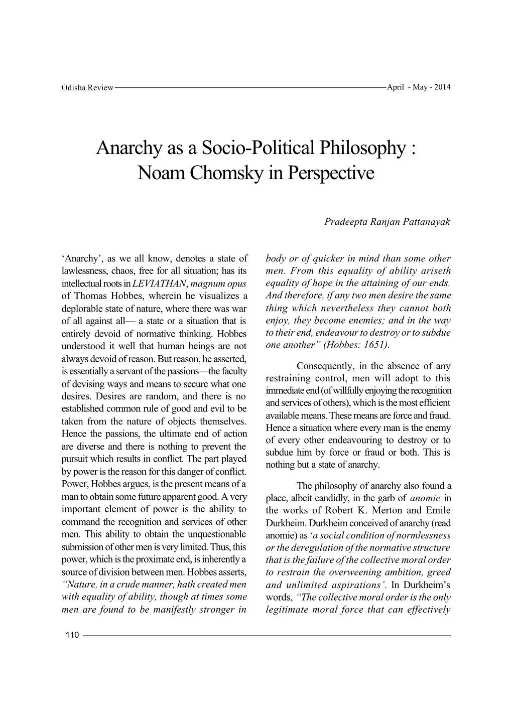 Anarchy As a Socio-Political Philosophy : Noam Chomsky in Perspective