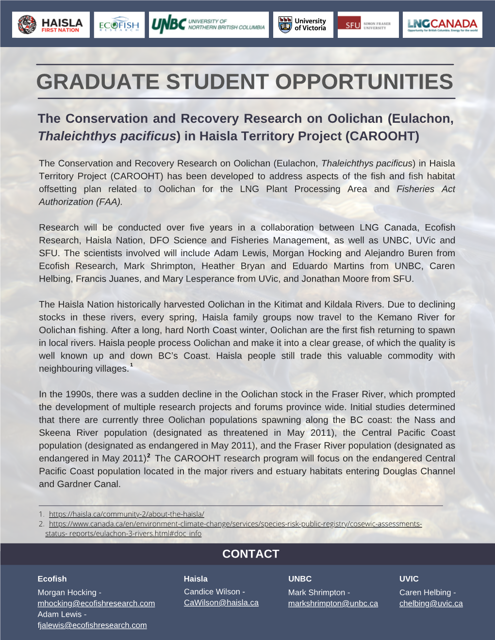 Graduate Student Opportunities for Oolichan Conservation