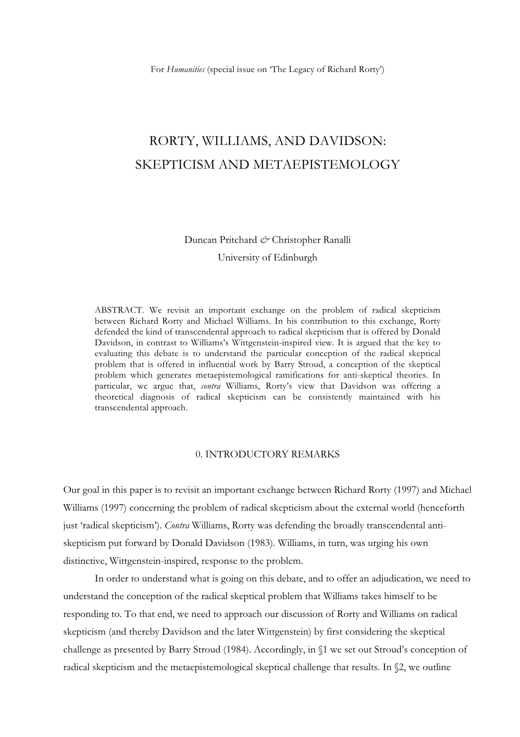 Rorty, Williams, and Davidson: Skepticism and Metaepistemology