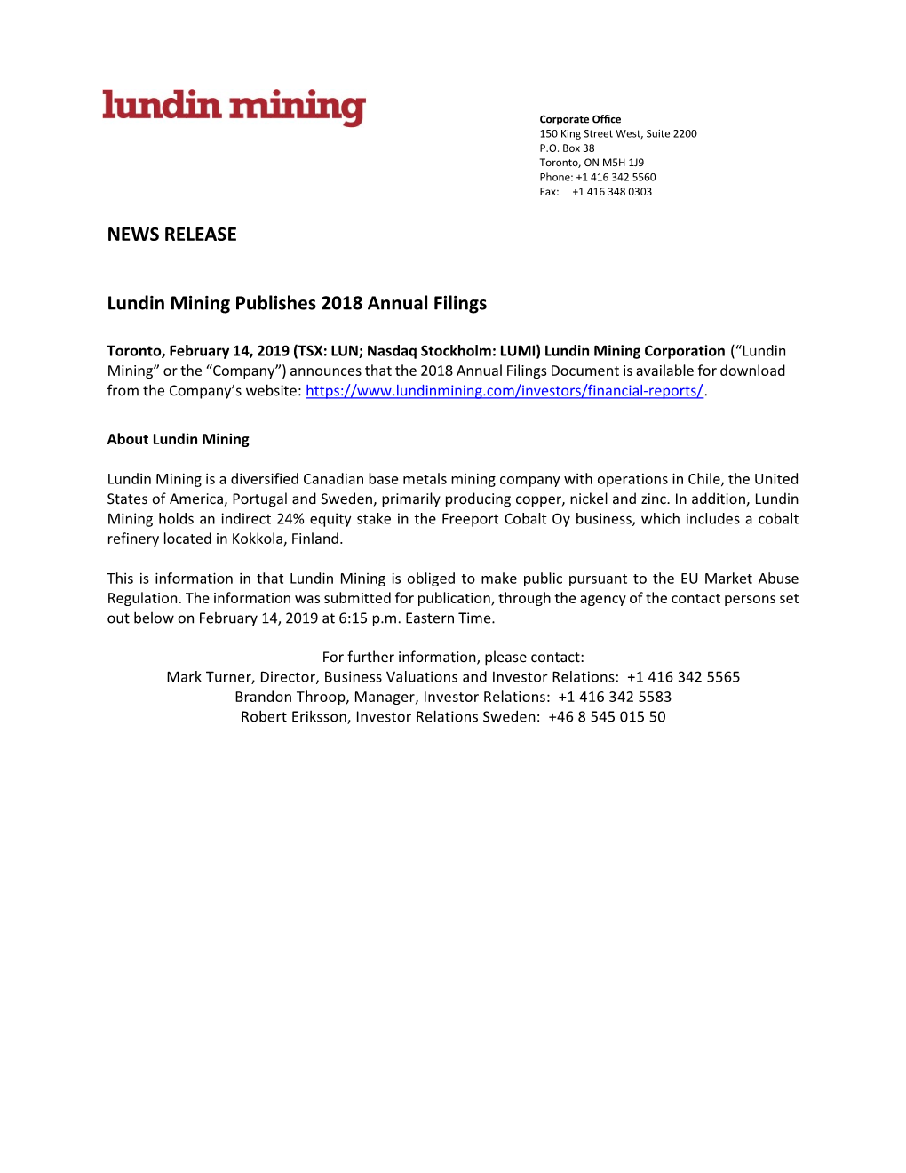 NEWS RELEASE Lundin Mining Publishes 2018 Annual Filings
