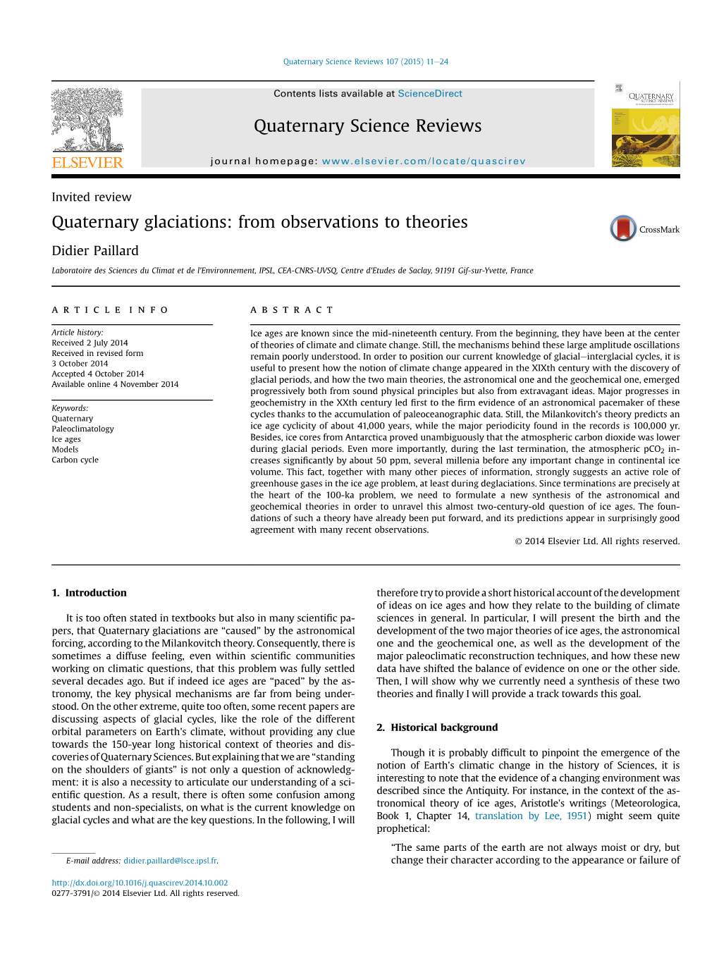 Quaternary Glaciations: from Observations to Theories