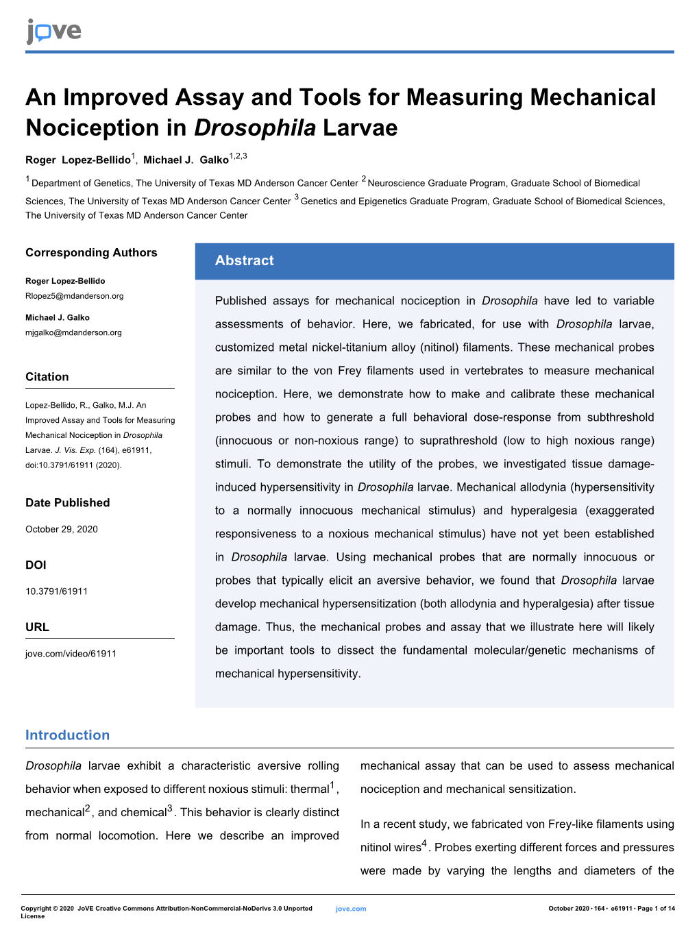 An Improved Assay and Tools for Measuring Mechanical Nociception in Drosophila Larvae