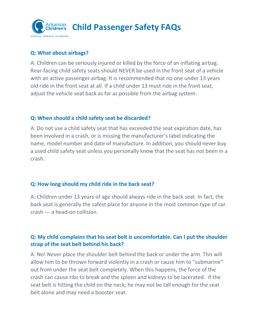 Child Passenger Safety Faqs