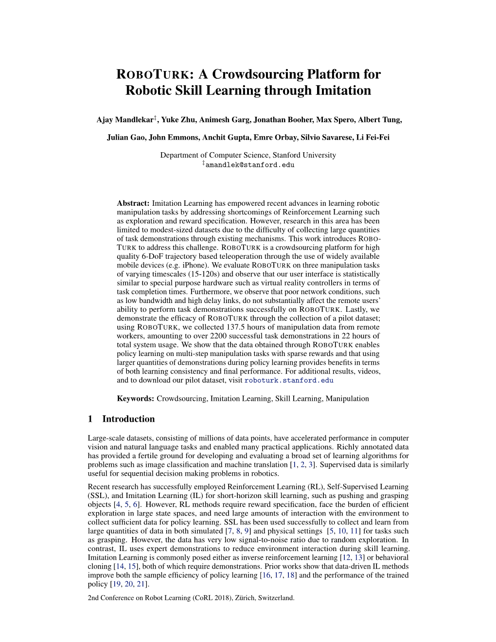 ROBOTURK: a Crowdsourcing Platform for Robotic Skill Learning Through Imitation