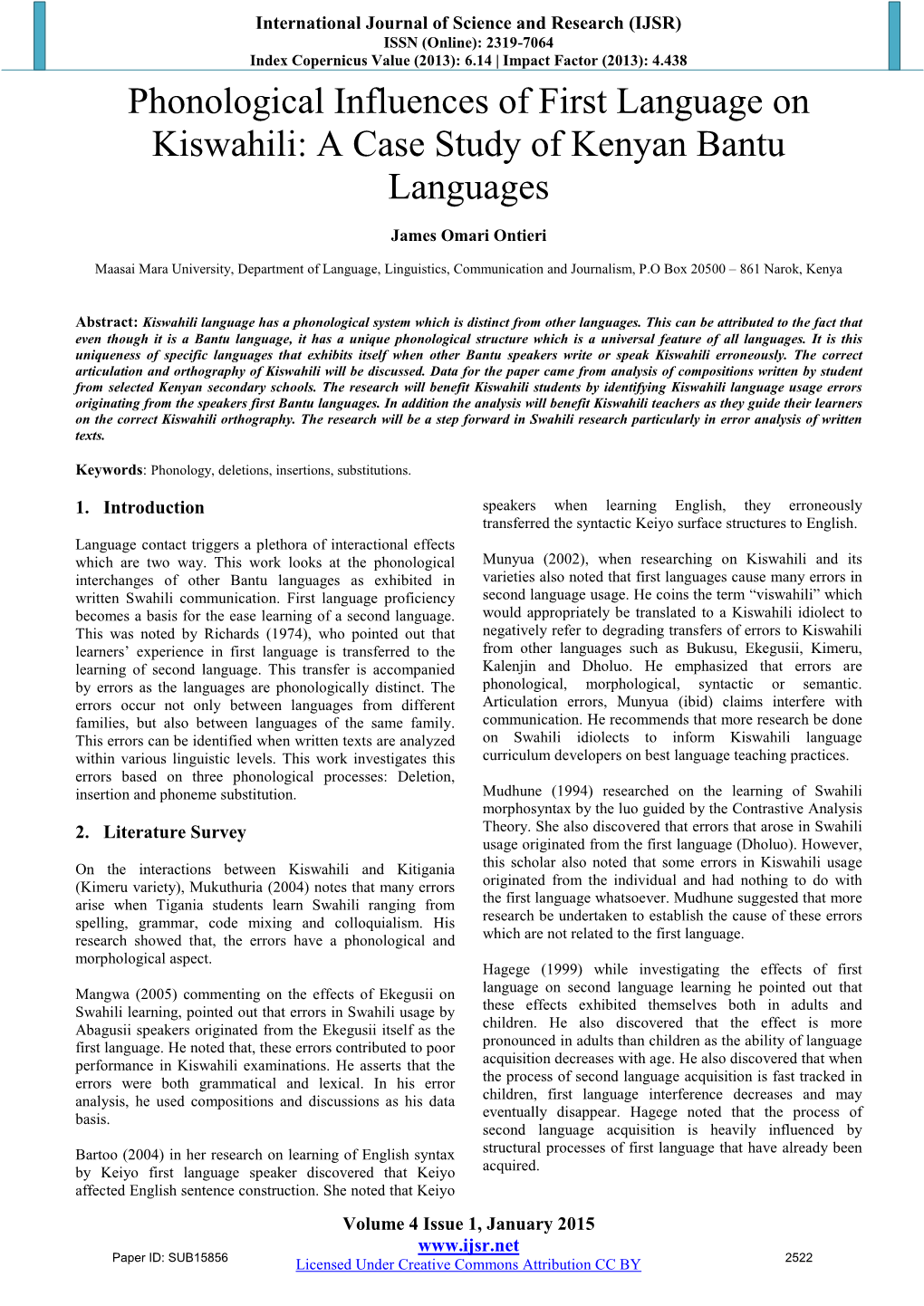 Phonological Influences of First Language on Kiswahili: a Case Study of Kenyan Bantu Languages