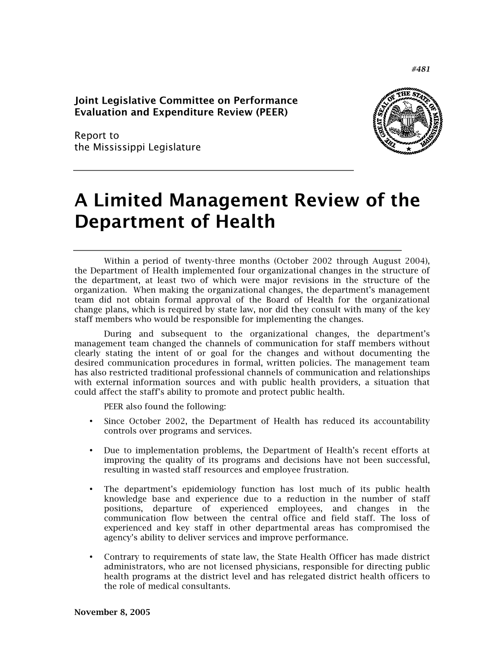 A Limited Management Review of the Department of Health