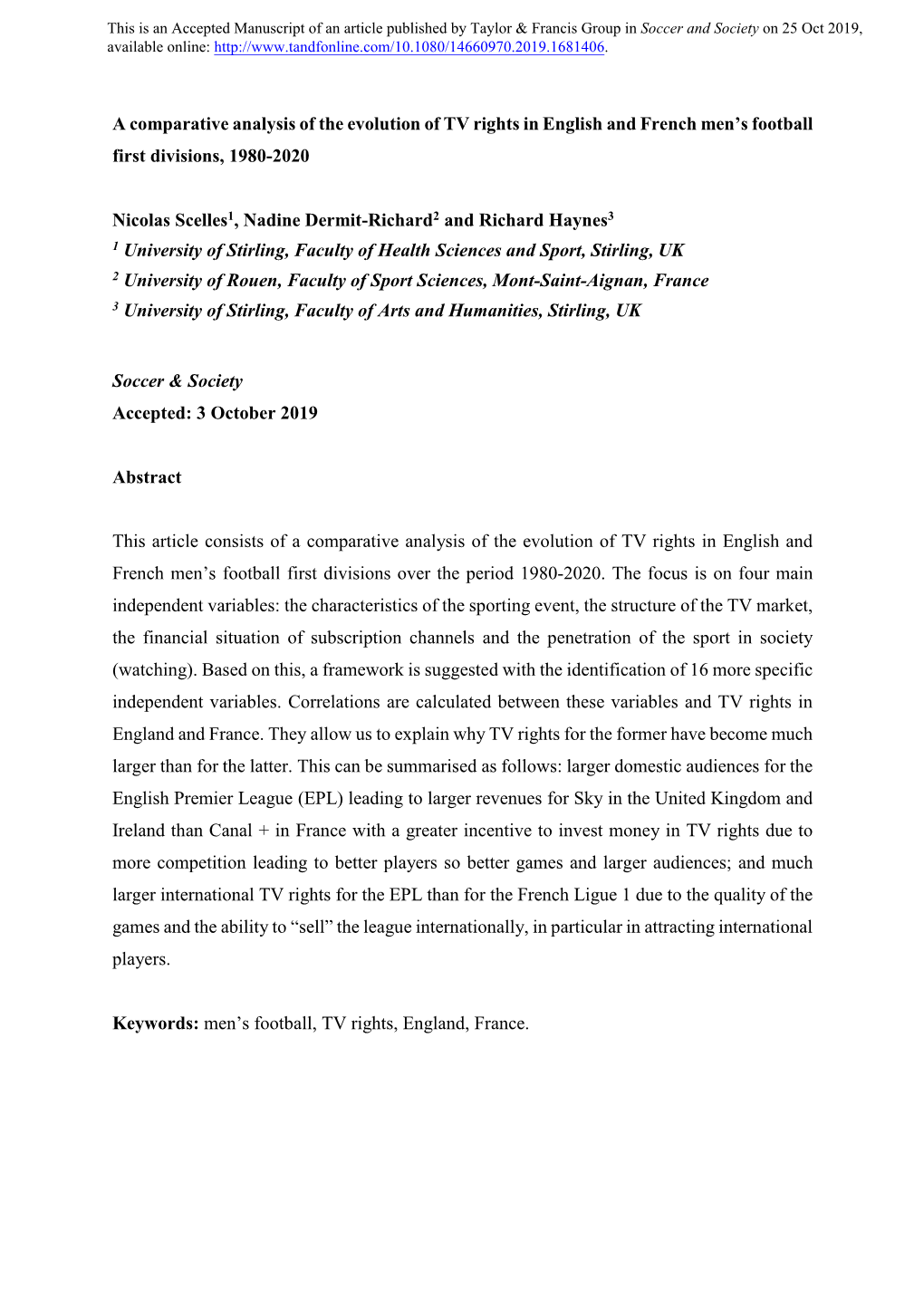 A Comparative Analysis of the Evolution of TV Rights in English and French Men’S Football First Divisions, 1980-2020