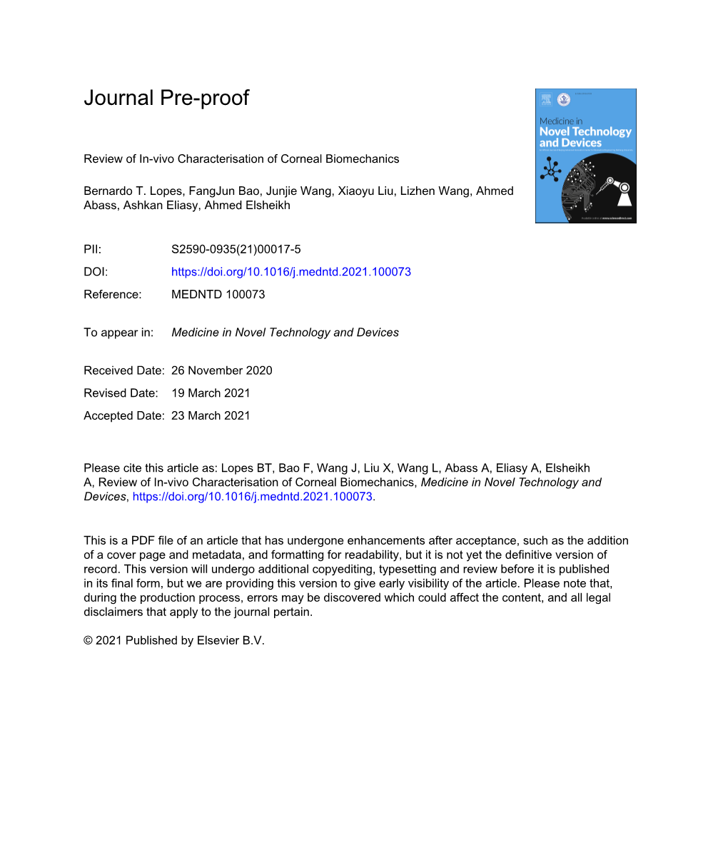 Review of In-Vivo Characterisation of Corneal Biomechanics