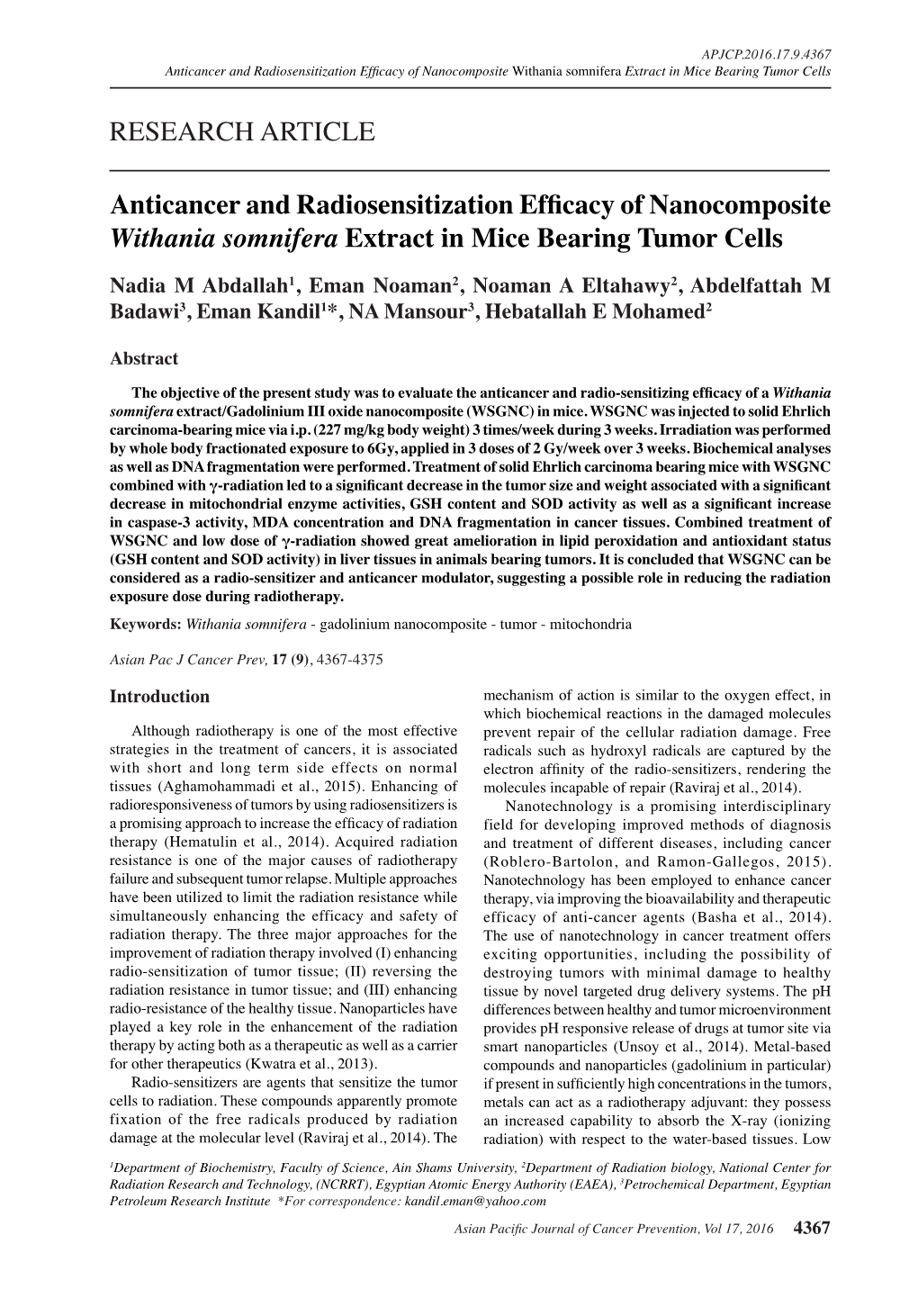 RESEARCH ARTICLE Anticancer and Radiosensitization Efficacy Of