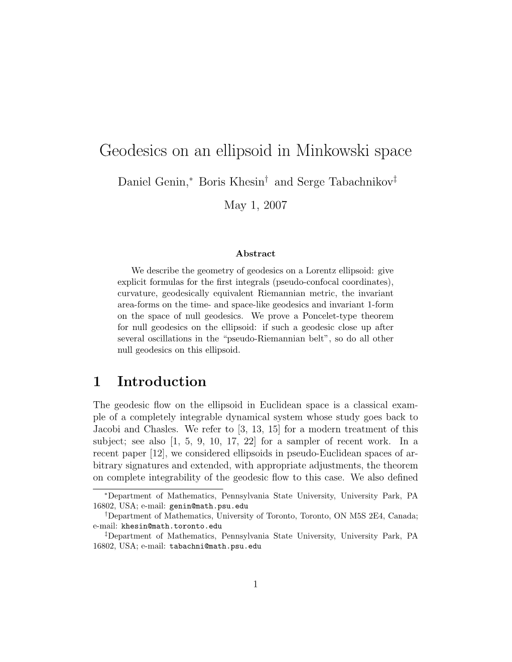 Geodesics on an Ellipsoid in Minkowski Space